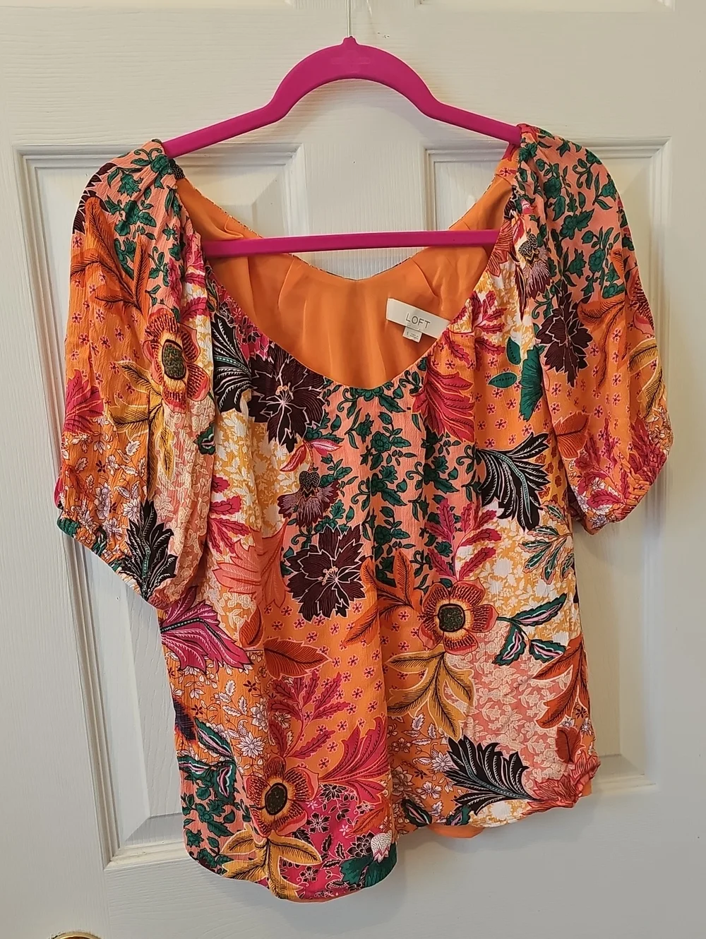 LOFT Orange Floral Puff-Sleeve Blouse with Multicolor Print
